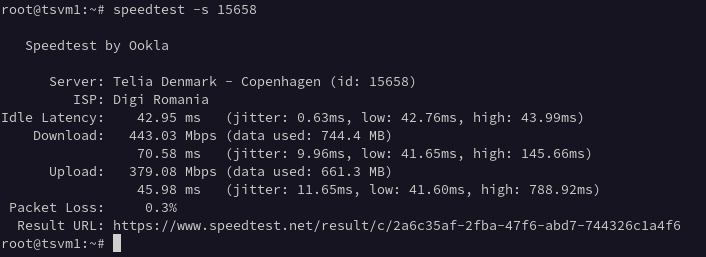 Screenshot – TinyServers TSVM1 NVMe 10 VPS speed test showing 443 Mbps download and 379 Mbps upload to Telia Denmark
