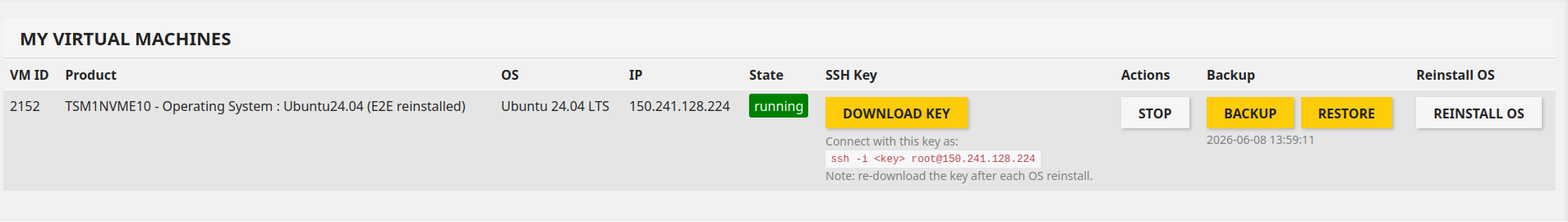 My Virtual Machines panel in the TinyServers control panel with the Reinstall OS button